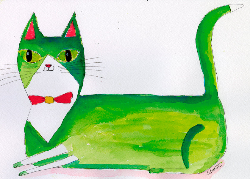 Gato verde ilustração deitado