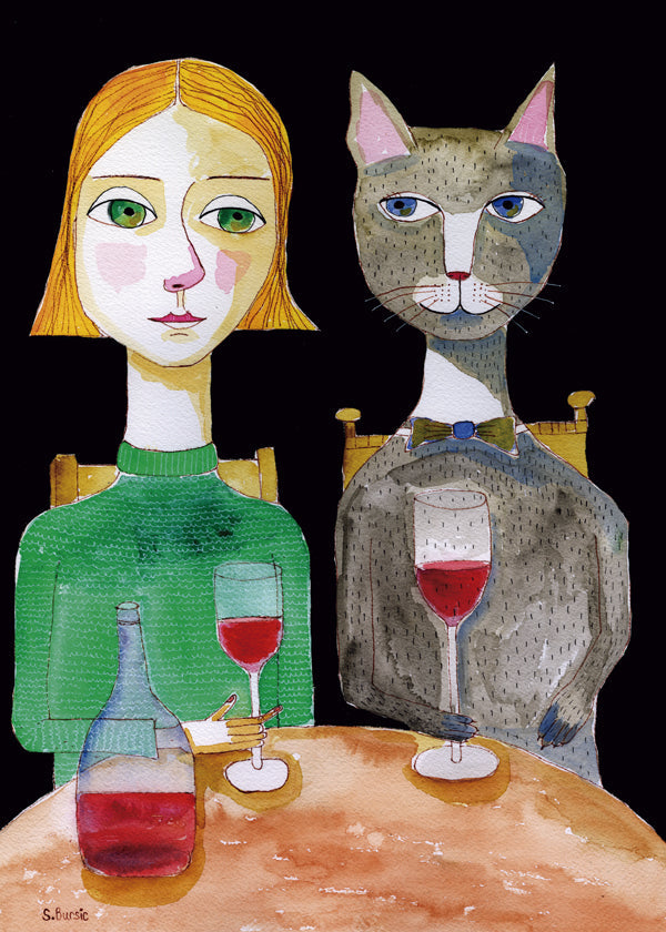 Mulher e gato com taça