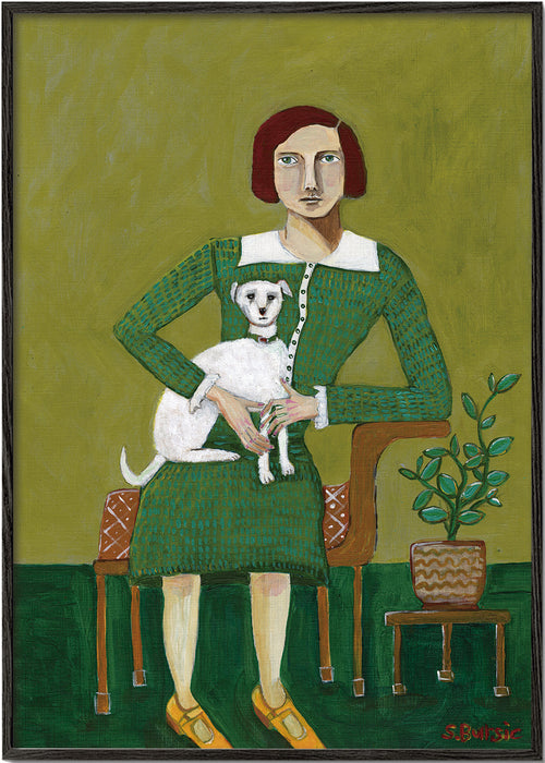 Retrato vintage de mulher com cão branco