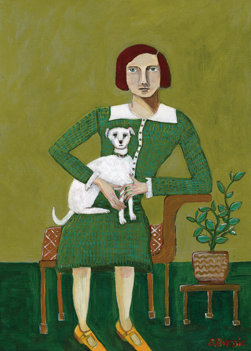 Retrato vintage de mulher com cão branco
