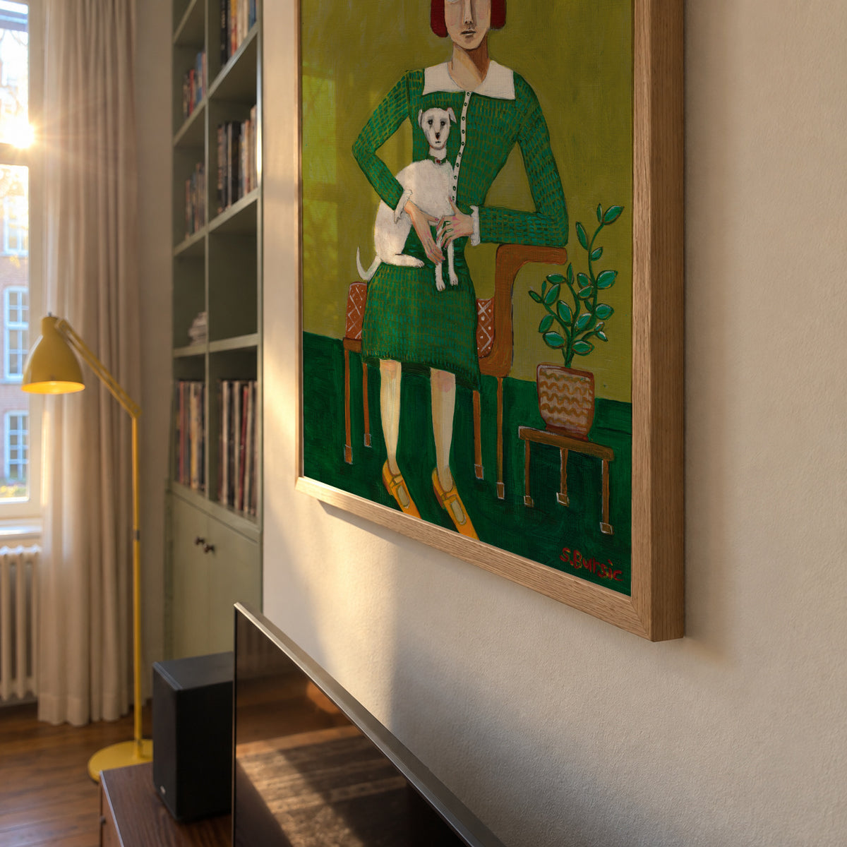 Vintage Lady with her white dog - Framed poster detail