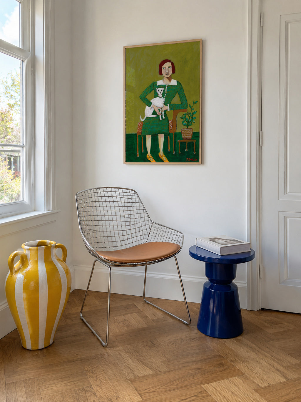 Vintage Lady with her white dog - Framed poster in an interior