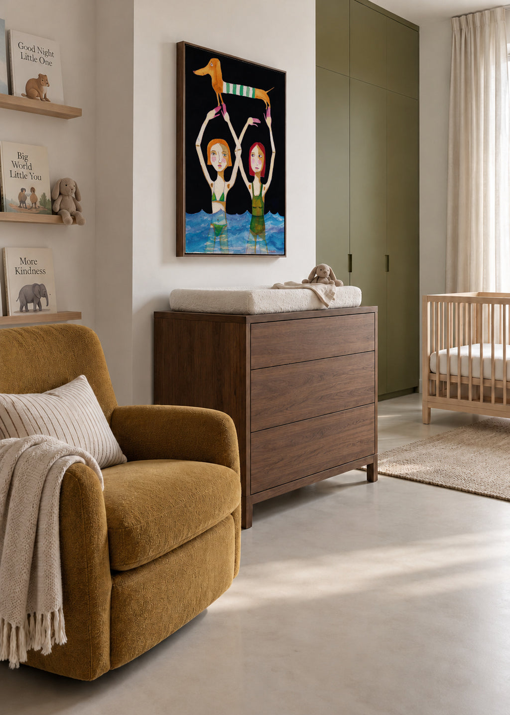 Swimming Girls with Sausage Dog - Framed canvas in an interior