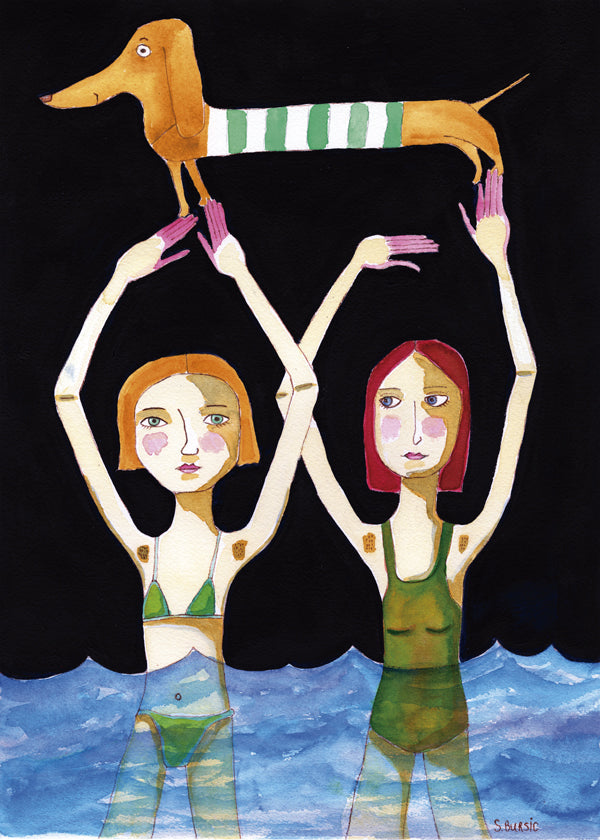 Swimming Girls with Sausage Dog