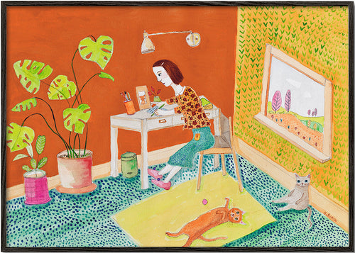 Quadro ilustrado de gatos em interior