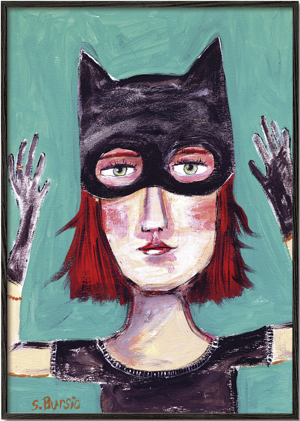 Quadro ilustrado de mulher-gato com máscara