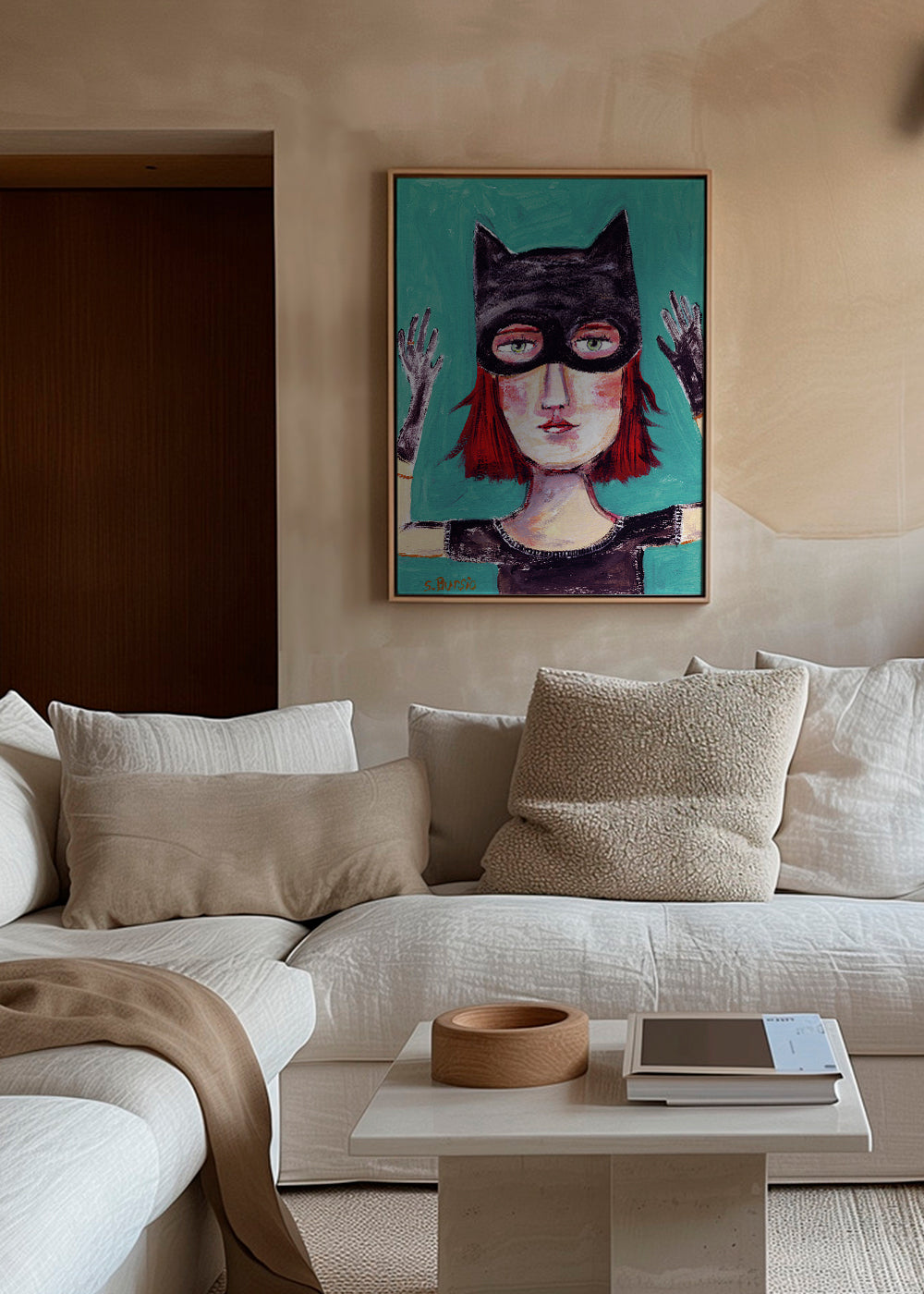 Quadro ilustrado de mulher-gato com máscara
