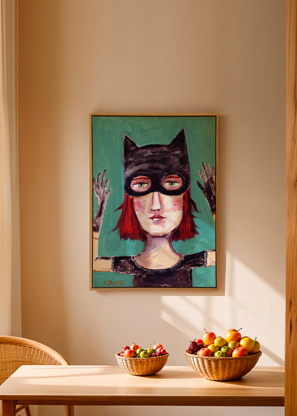 Quadro ilustrado de mulher-gato com máscara