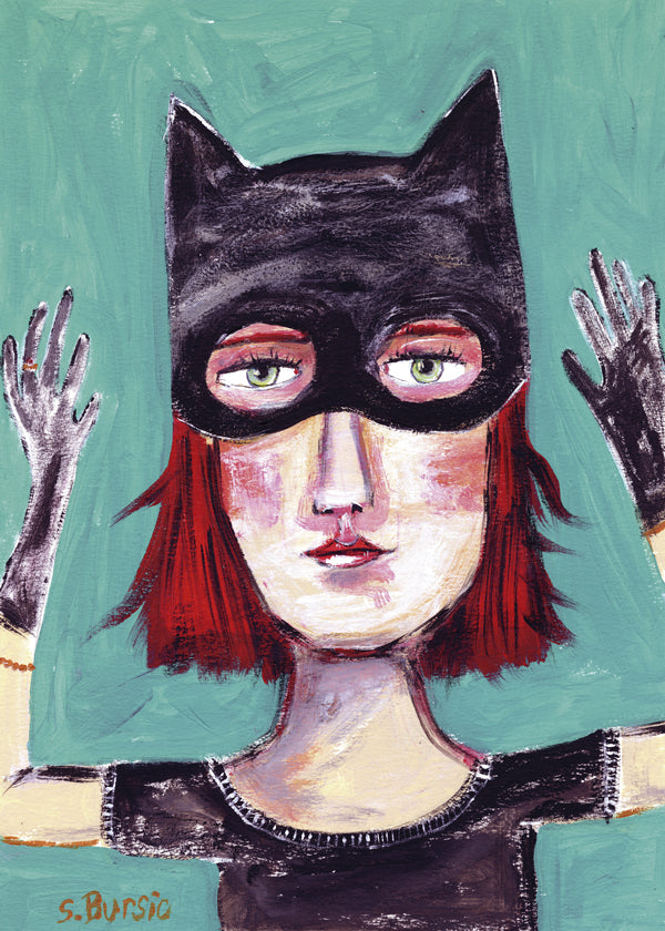 Quadro ilustrado de mulher-gato com máscara
