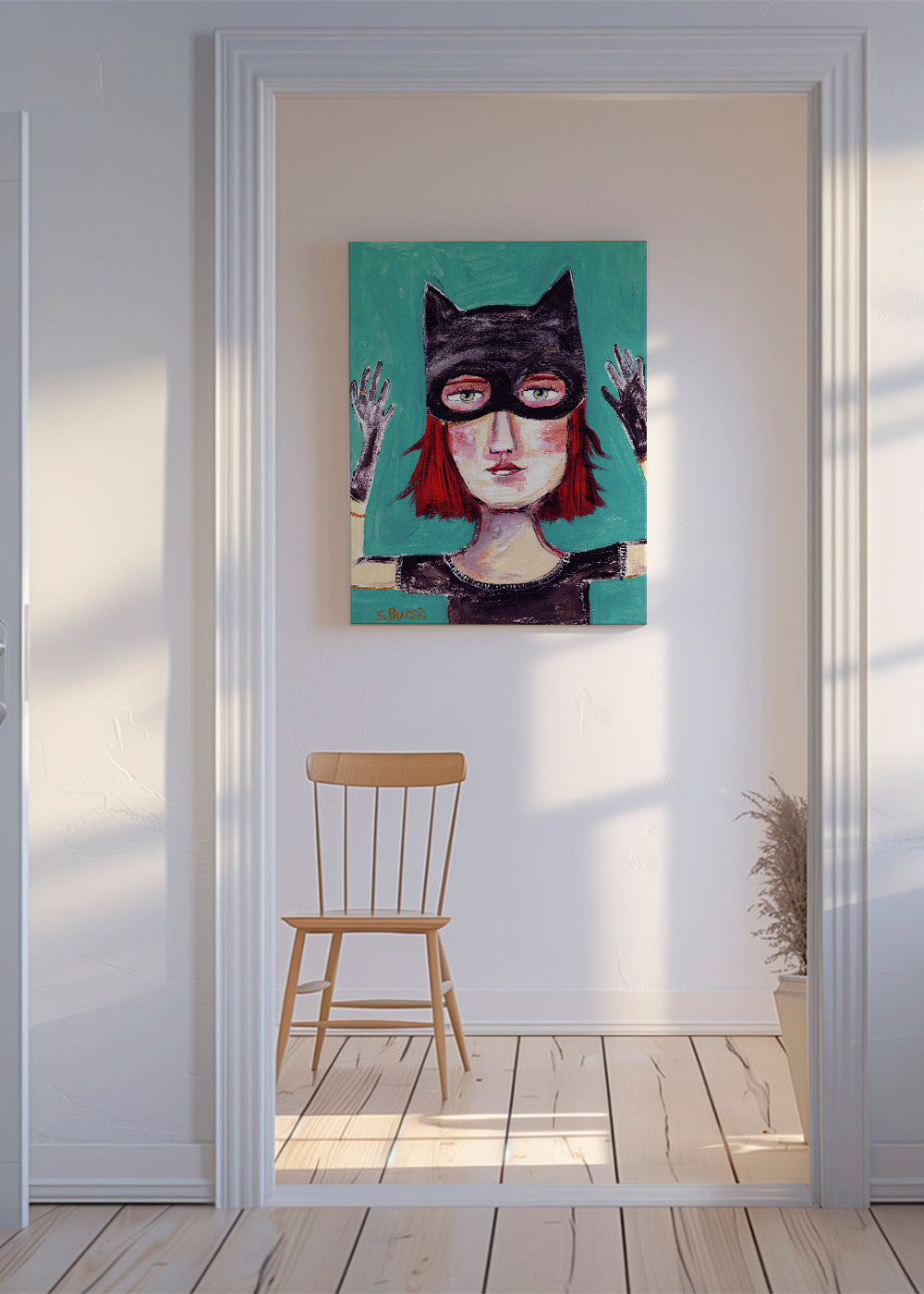 Quadro ilustrado de mulher-gato com máscara