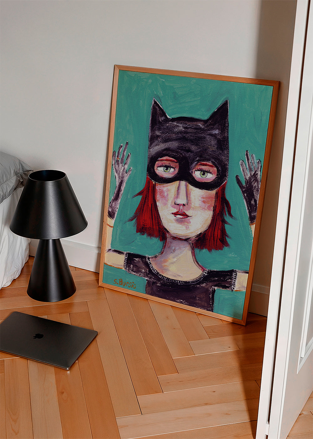 Quadro ilustrado de mulher-gato com máscara