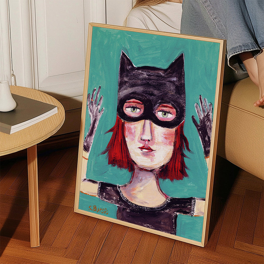 Quadro ilustrado de mulher-gato com máscara