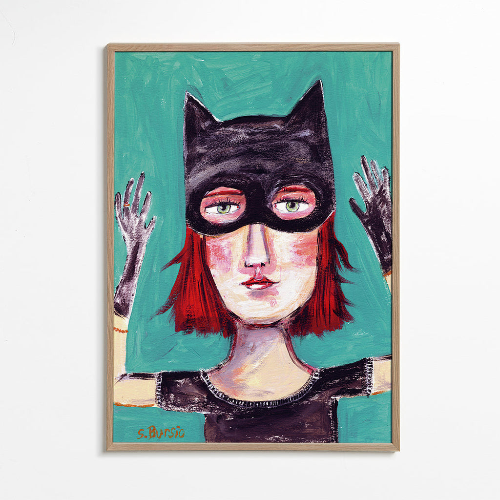 Quadro ilustrado de mulher-gato com máscara