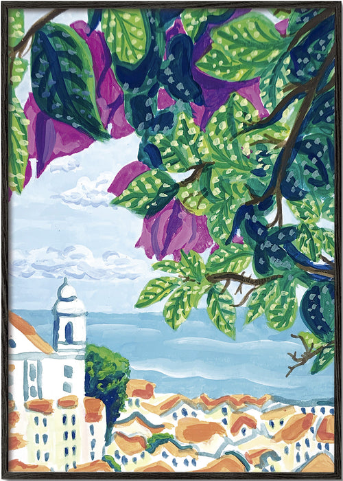 Quadro de cidade Lisboa com buganvília e telhados laranja