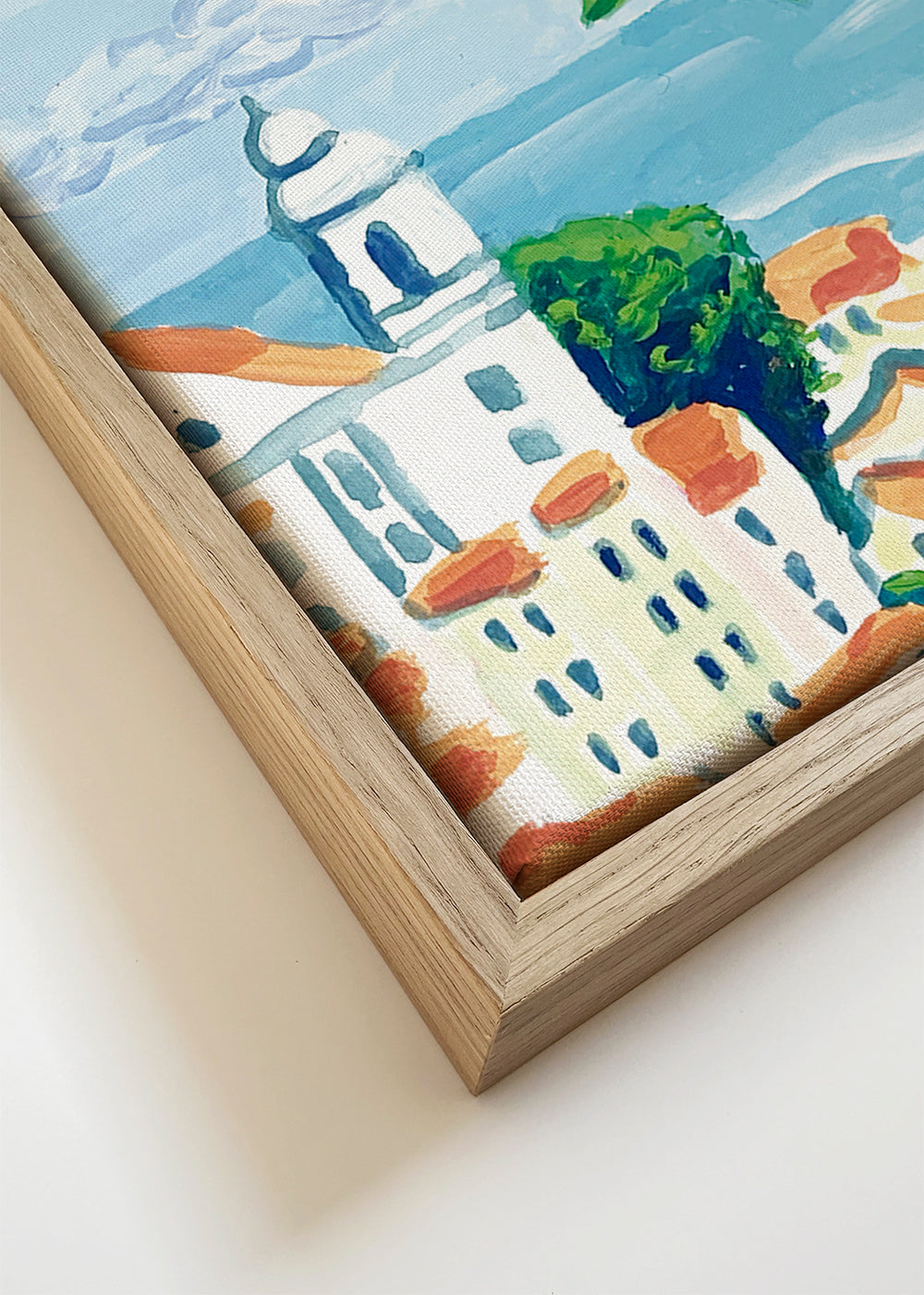 Quadro de cidade Lisboa com buganvília e telhados laranja