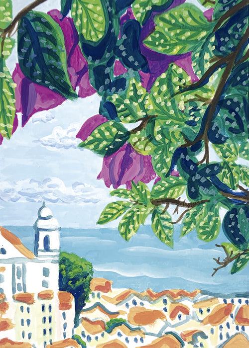 Quadro de cidade Lisboa com buganvília e telhados laranja