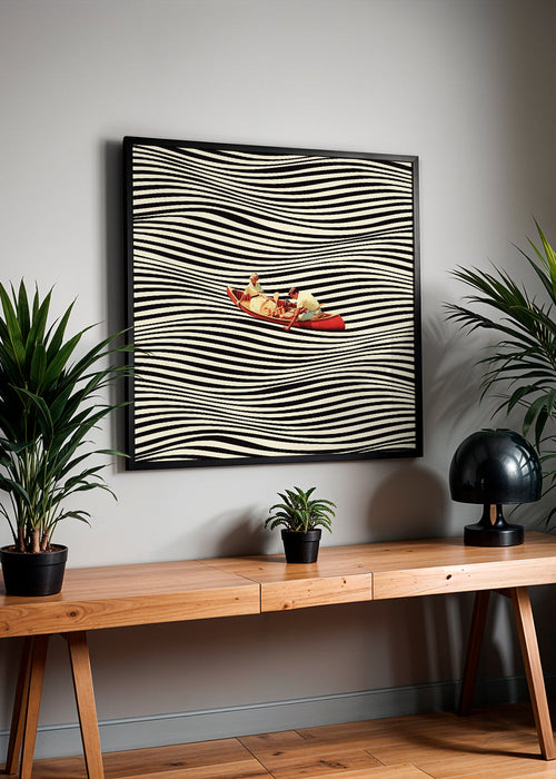 Arte abstrata: canoa vermelha sobre ondas ópticas