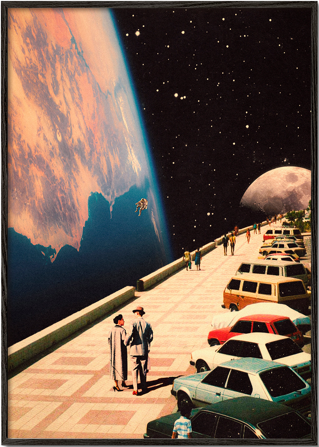 Quadro vintage passeio espacial com carros retrô