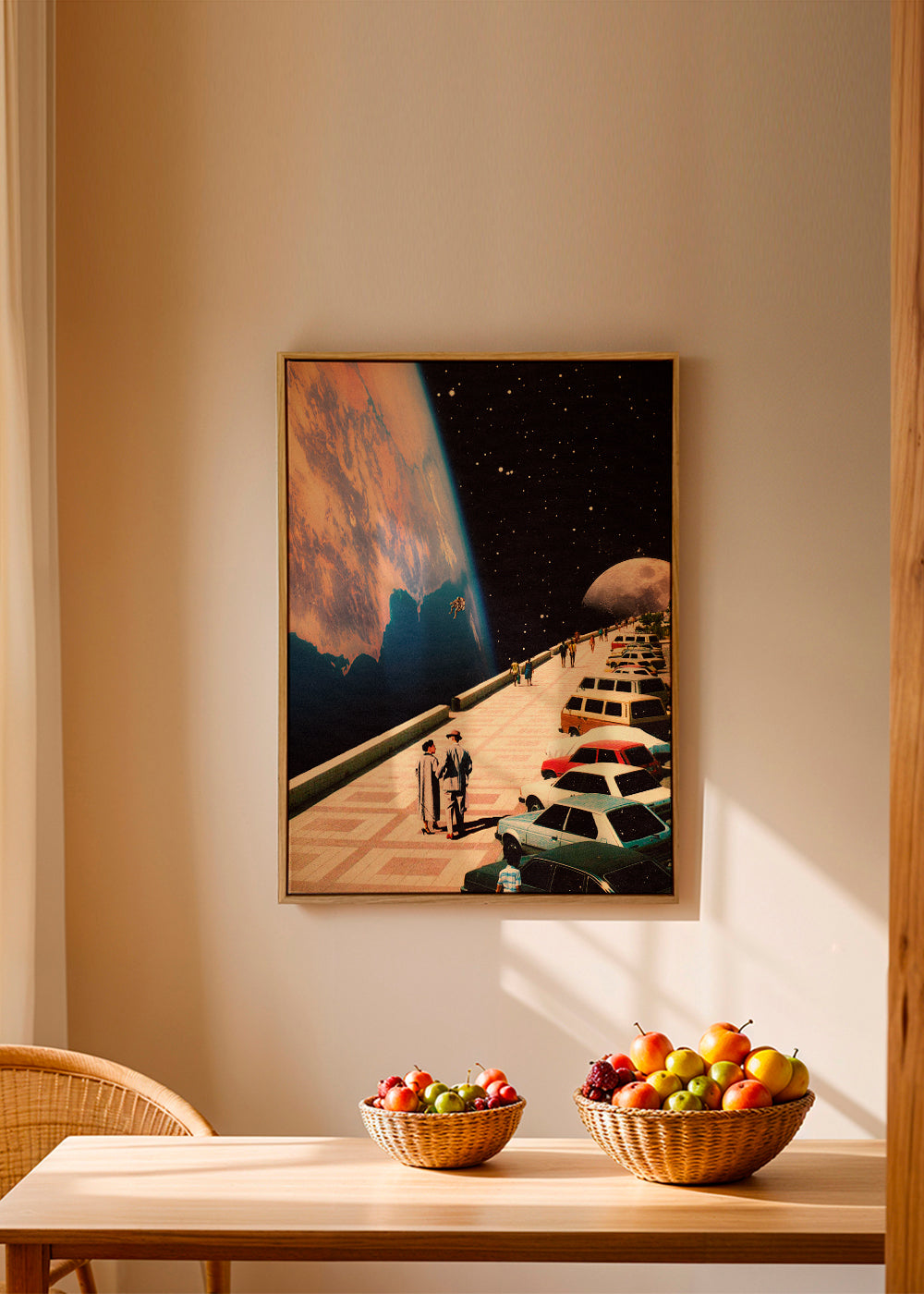 Quadro vintage passeio espacial com carros retrô