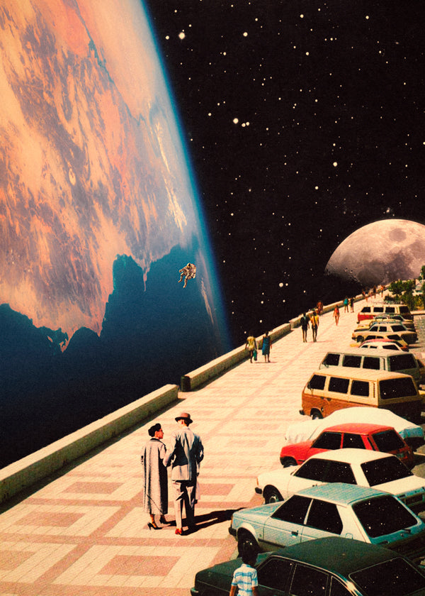 Quadro vintage passeio espacial com carros retrô