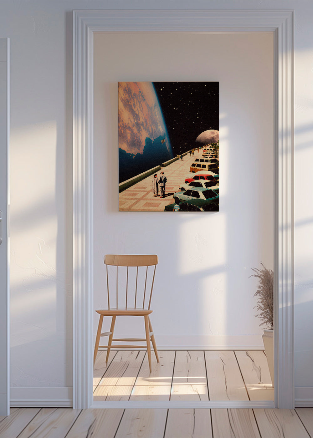 Quadro vintage passeio espacial com carros retrô