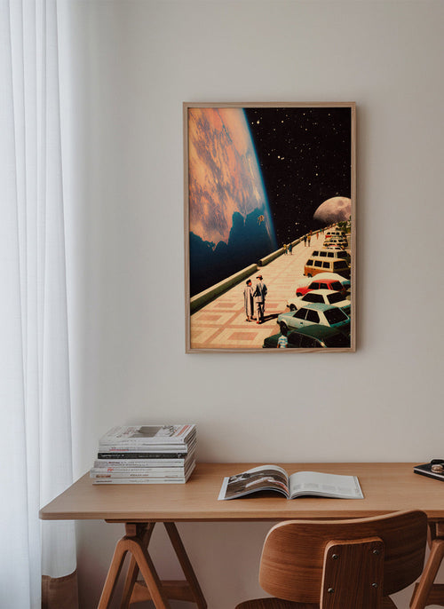 Quadro vintage passeio espacial com carros retrô