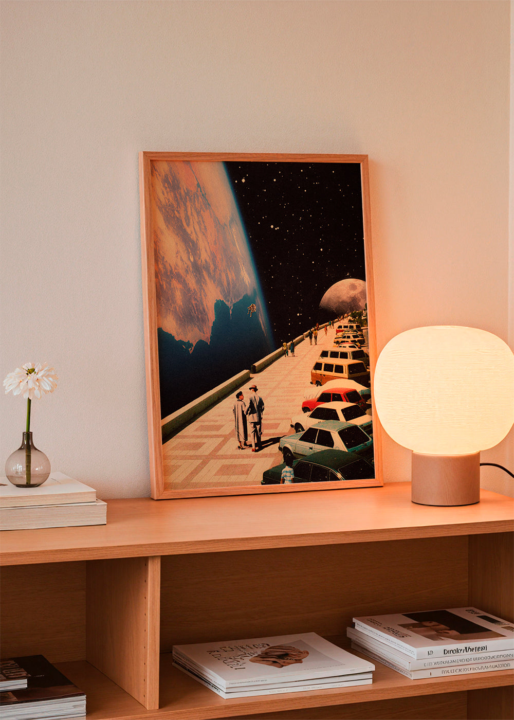 Quadro vintage passeio espacial com carros retrô