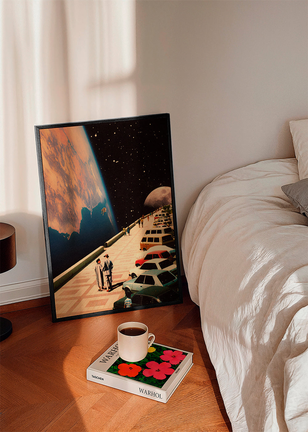 Quadro vintage passeio espacial com carros retrô