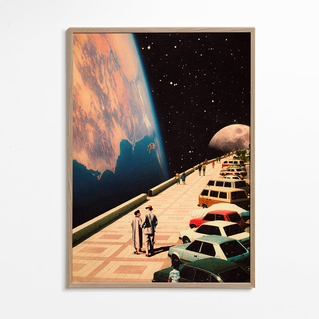 Quadro vintage passeio espacial com carros retrô