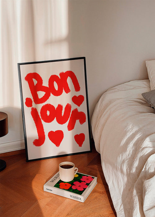 Ilustração 'Bonjour' com corações vermelhos