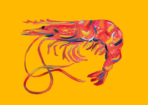 Arte para cozinha camarão ilustrado sobre amarelo