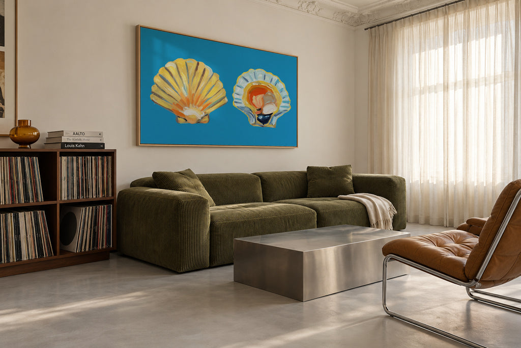Scallops On Blue - Framed canvas in an interior