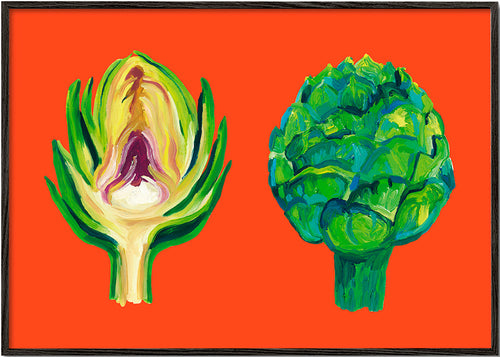 Arte para cozinha com alcachofras em fundo laranja
