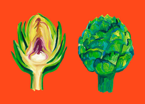 Arte para cozinha com alcachofras em fundo laranja