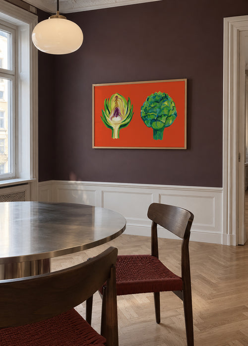 Artichokes On Orange - Framed poster in an interior