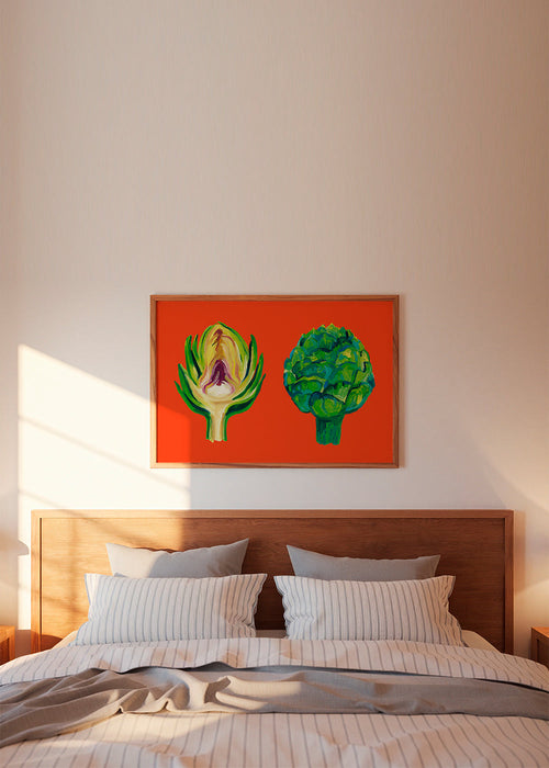 Arte para cozinha com alcachofras em fundo laranja