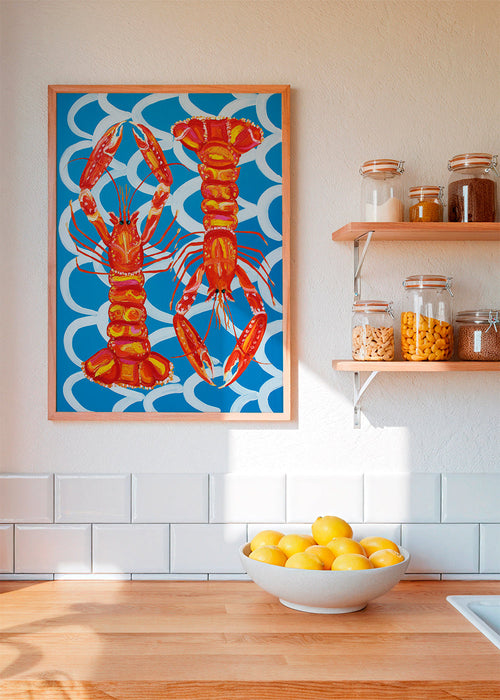 Arte para cozinha: langostinos sobre azul