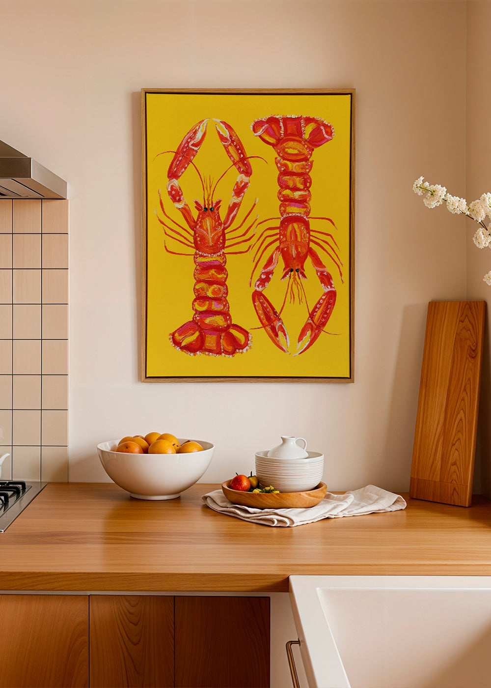 Arte para cozinha com lagostins vermelhos sobre amarelo