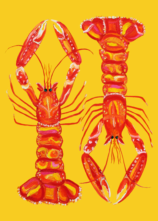 Arte para cozinha com lagostins vermelhos sobre amarelo