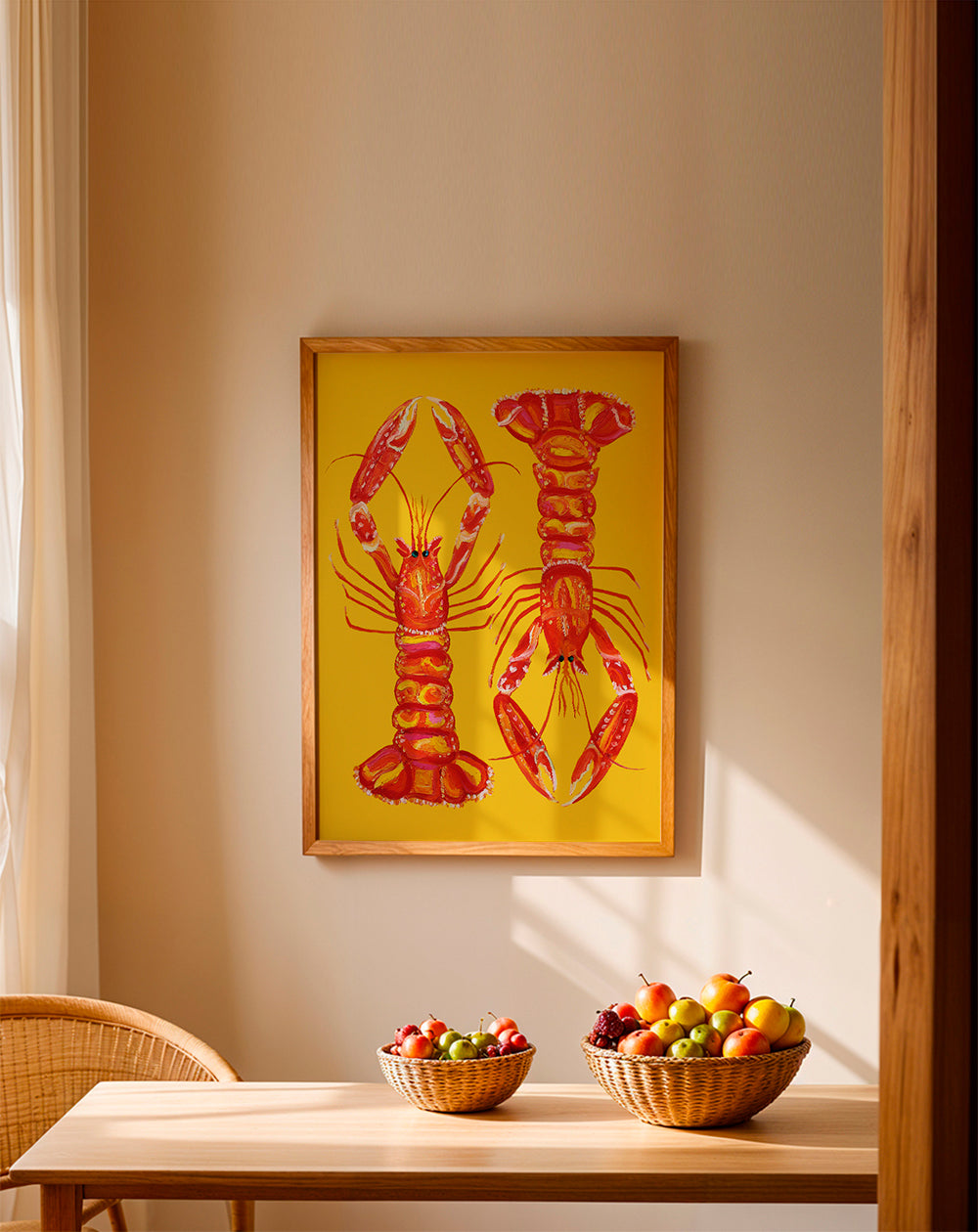 Arte para cozinha com lagostins vermelhos sobre amarelo