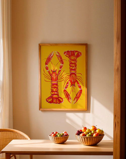Arte para cozinha com lagostins vermelhos sobre amarelo