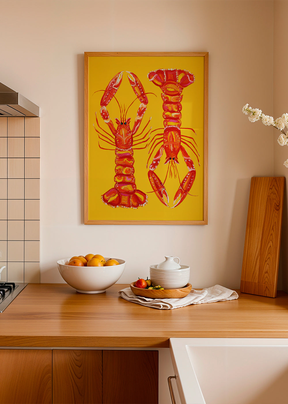 Arte para cozinha com lagostins vermelhos sobre amarelo