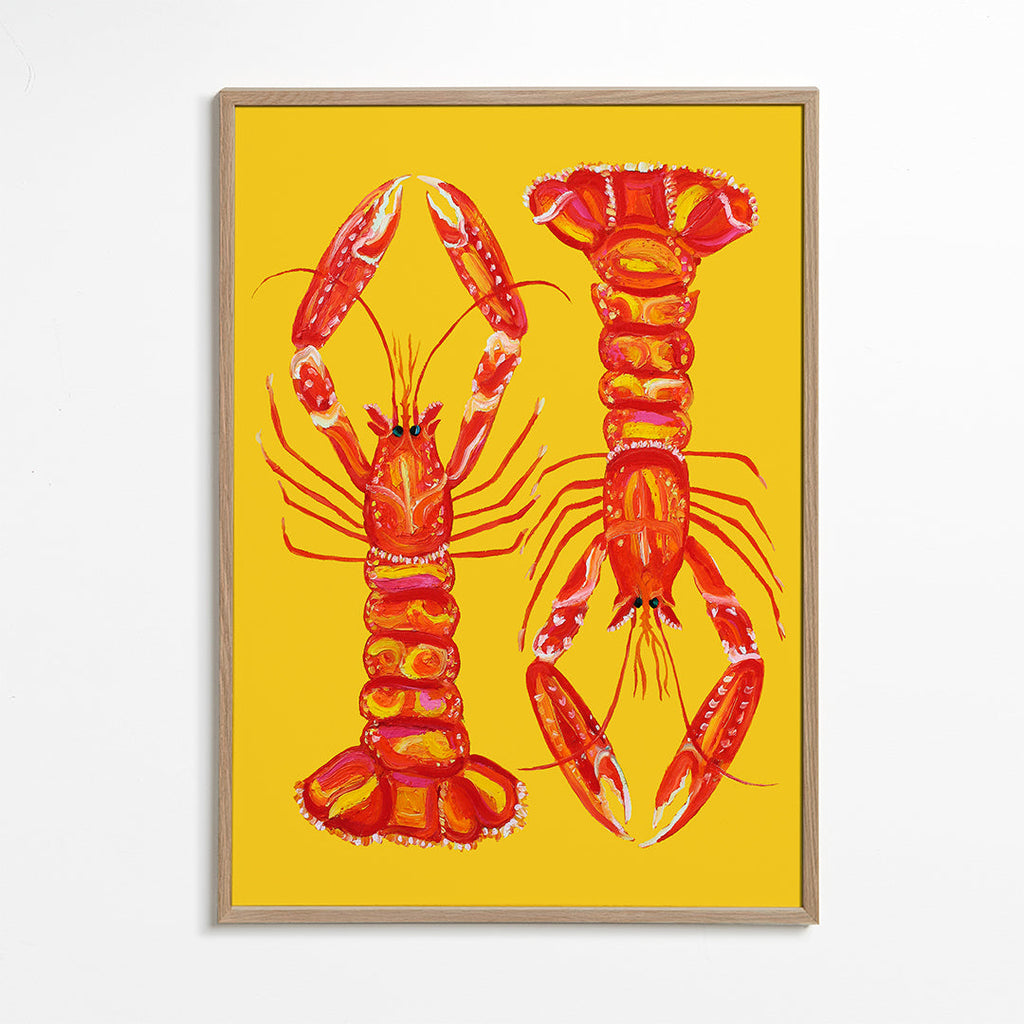 Arte para cozinha com lagostins vermelhos sobre amarelo