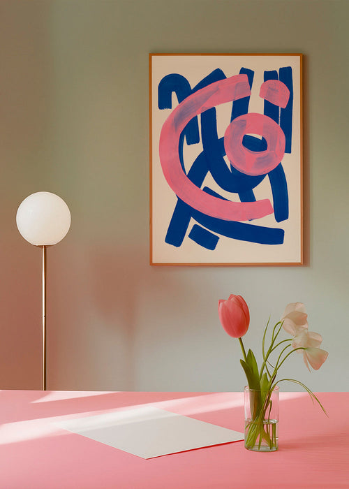 Obra abstrata azul e rosa com pinceladas
