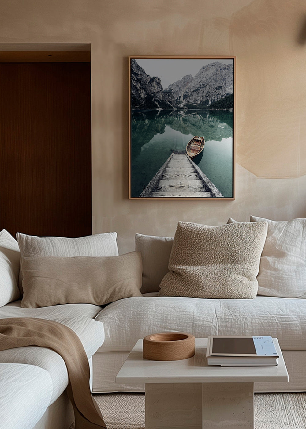 Arte para paisagem com barco e reflexo no lago