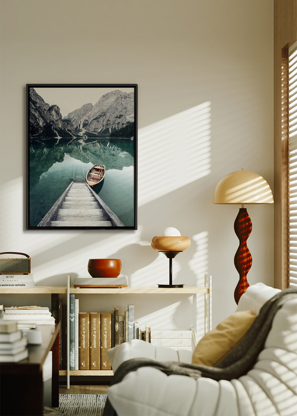 Arte para paisagem com barco e reflexo no lago