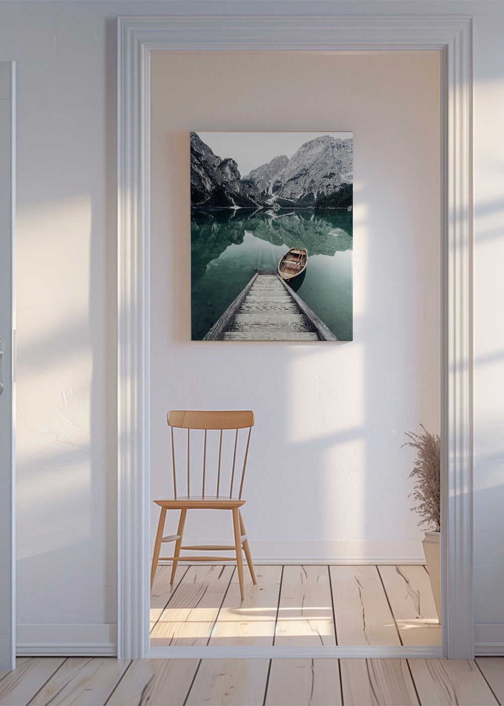 Arte para paisagem com barco e reflexo no lago