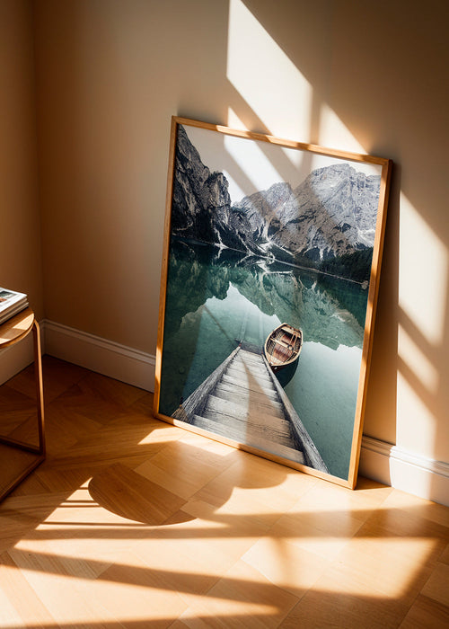 Arte para paisagem com barco e reflexo no lago