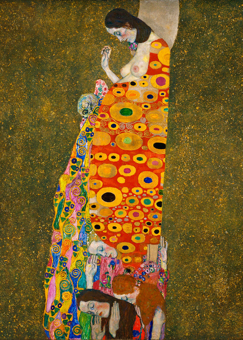 Quadro abstrato com figura dourada e motivos circulares