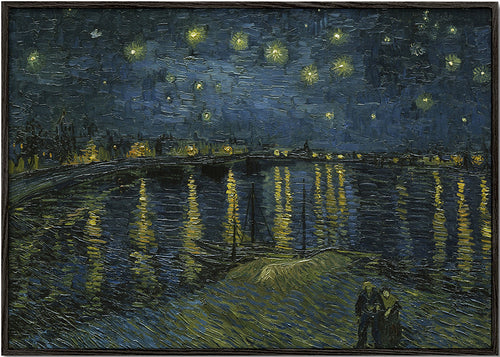 Quadro de paisagem noturna com céu estrelado e reflexos no rio